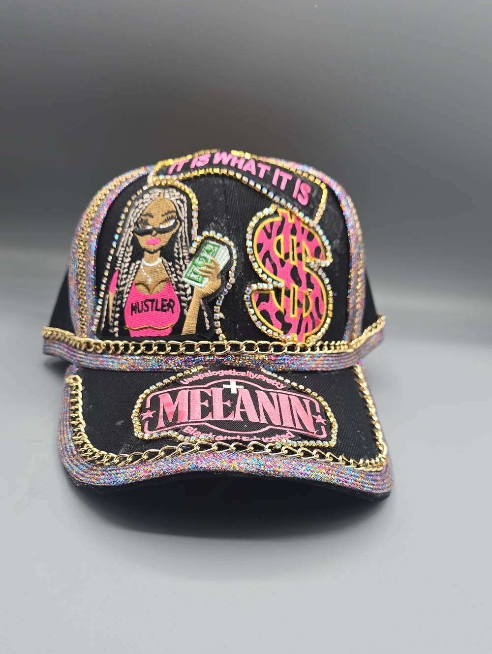 Melanin Hustler Embellished Black Cap with Pink Accents
